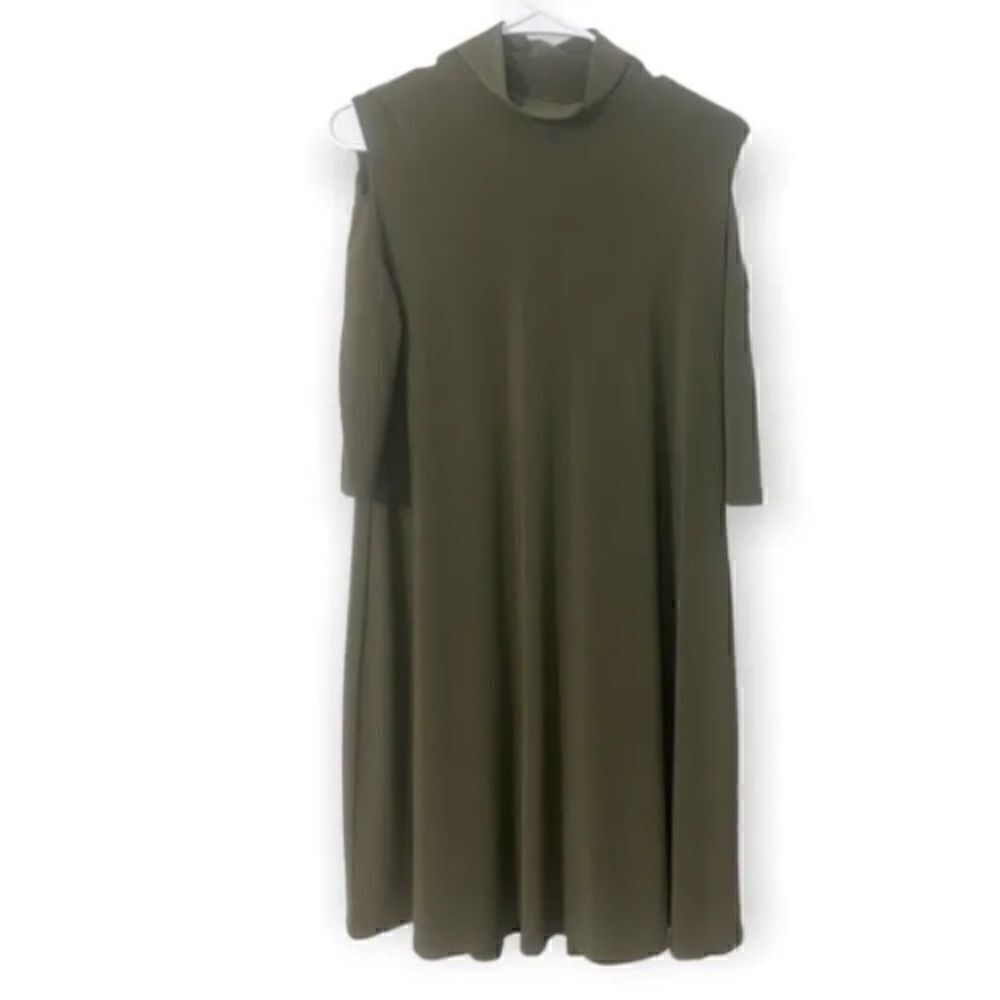 CLARA SUN WOO $89 Olive Mock Neck Cold Shoulder Shift Dress XS